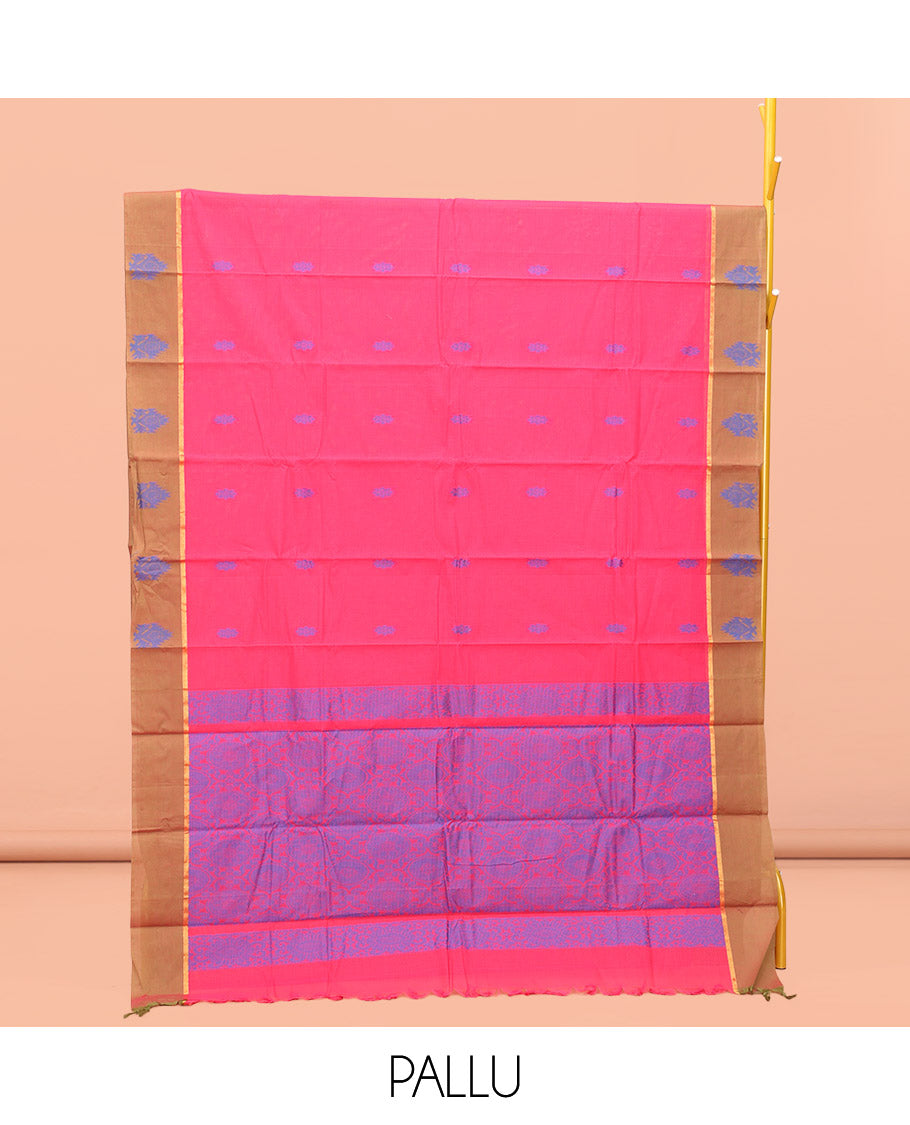 Pink Kanchi Cotton Saree, Detailed with Buttas All Over Its Body, Complemented by Contrast Border, Intricately Thread-Designed Pallu, and Paired with a Matching Blouse