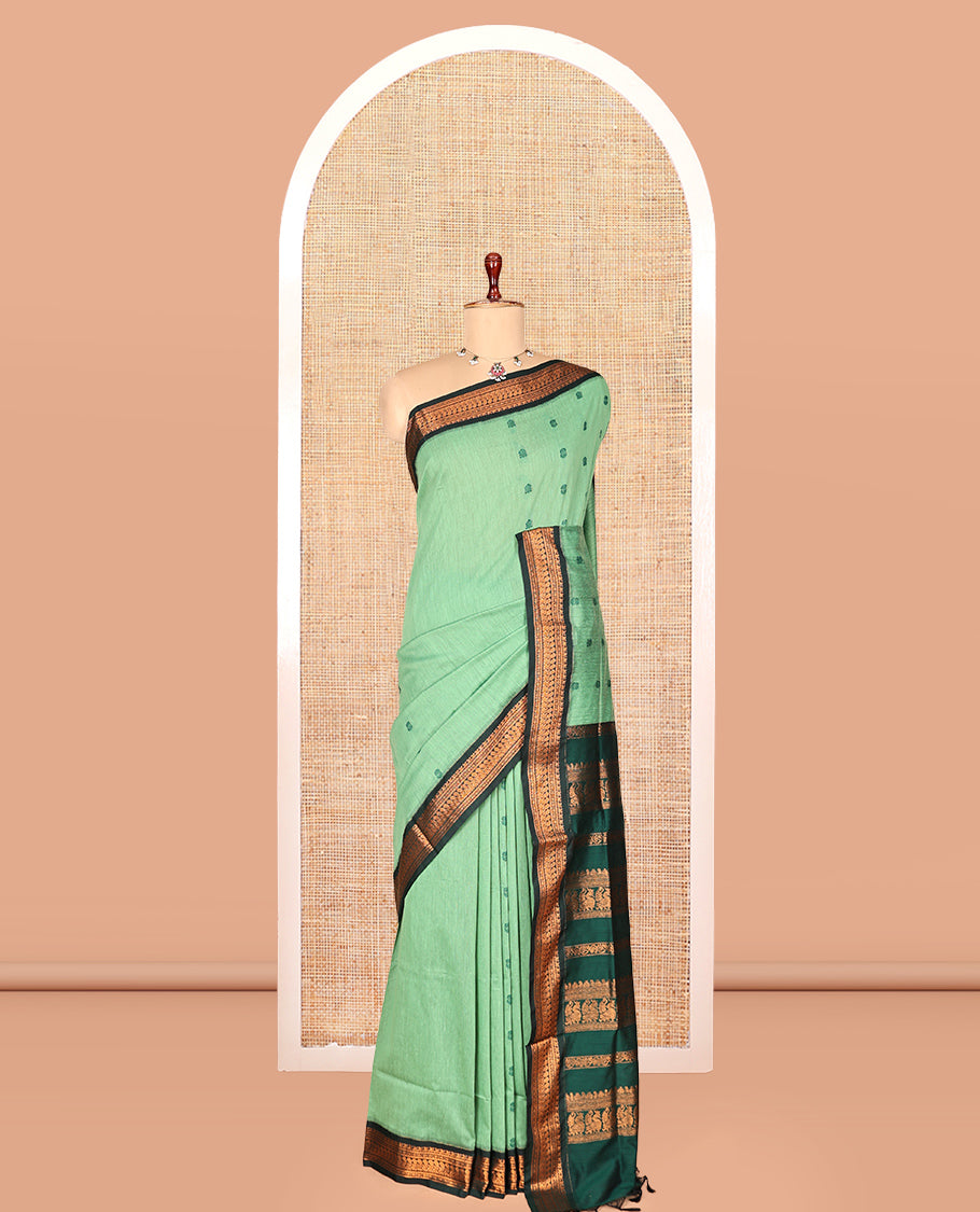 Green Kalyani Cotton Saree, Subtly Sparkled with Thread Buttas, a Contrast Traditional Zari Border, Grand Pallu, and a Contrast Blouse