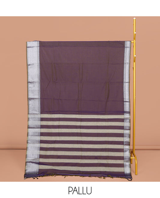 Brown Plain Narayanpet Cotton Saree, Complemented by a Contrast Traditional Zari Design Border, Striped Pallu, and Comes Without a Blouse