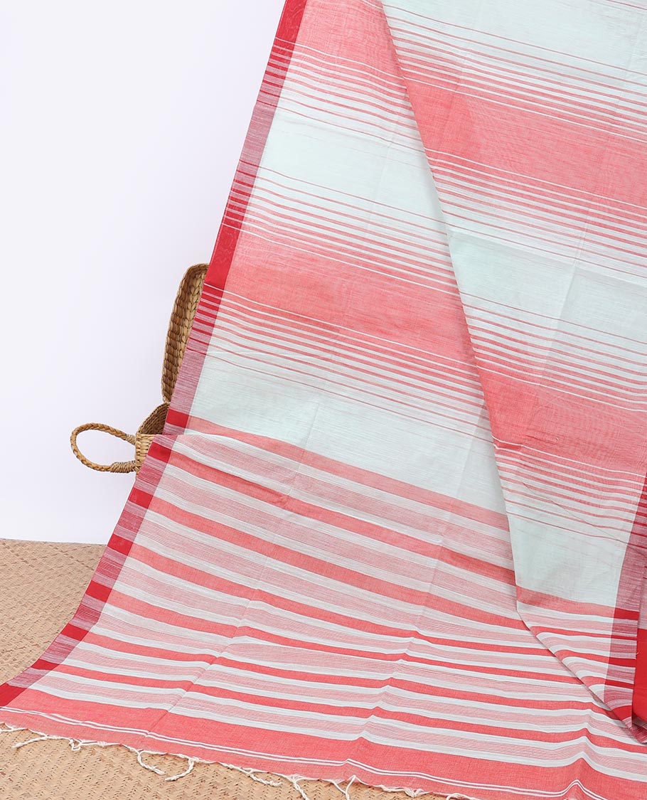 Red striped jute cotton saree, self-border & striped pallu