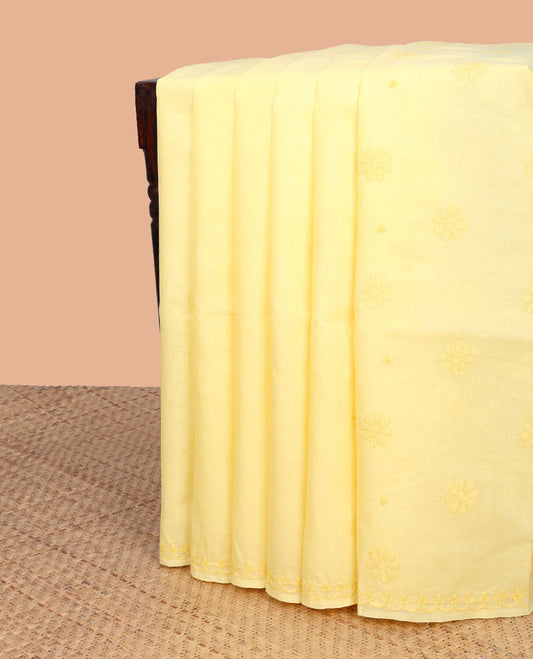 Yellow floral lucknowi chikankari cotton saree self-border & floral embroidery
