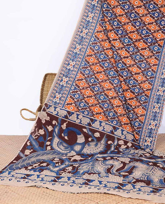 Multi-colored checked design machine-printed kalamkari saree with contrast floral design border & animal design pallu