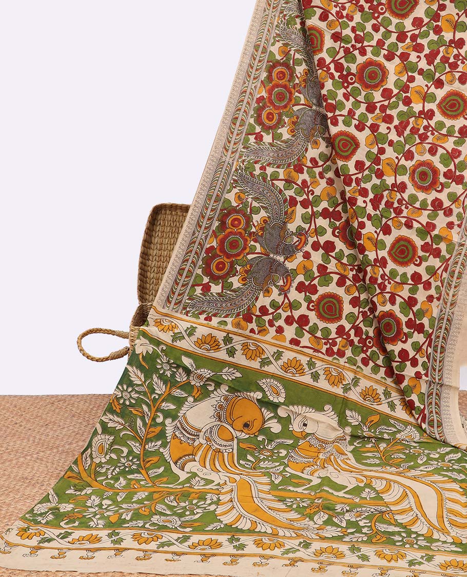 Cream floral vine design machine printed kalamkari cotton saree with contrast floral border & pallu of peacock design