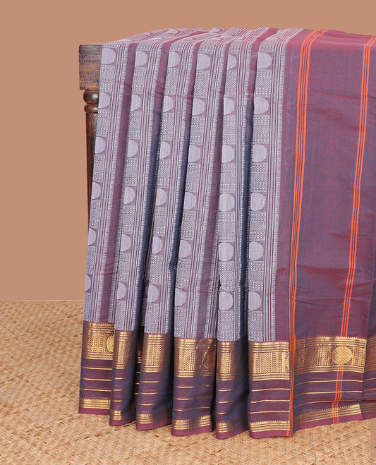 Violet intricate geometric design kanchi cotton saree with contrast zari design border & striped pallu