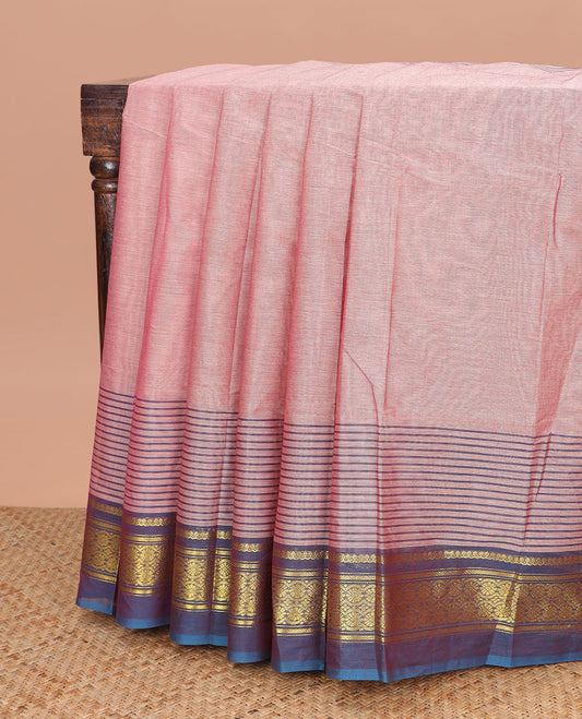 Light red striped kanchi cotton saree with contrast intricate zari design border & striped pallu