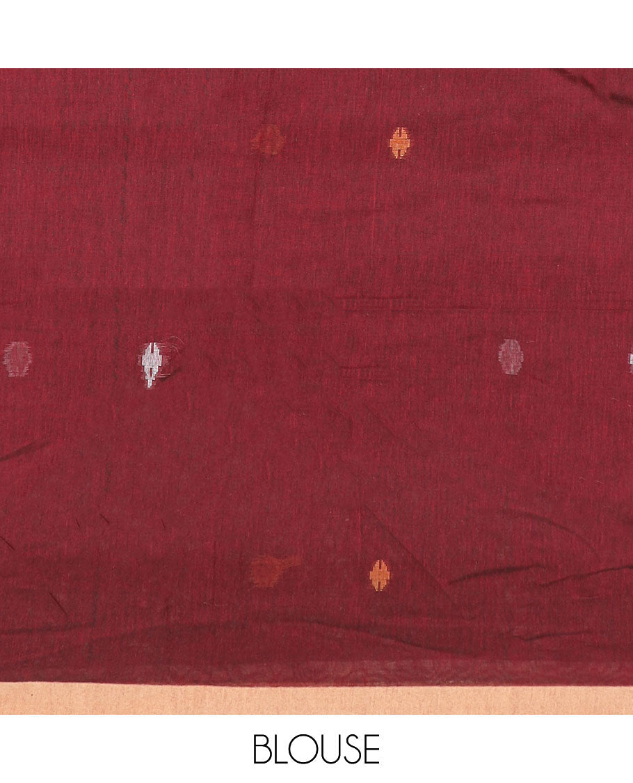Maroon meena thread buttas Kadhi cotton saree, contrast piping border & pallu of 4-petal floral motifs & stripes