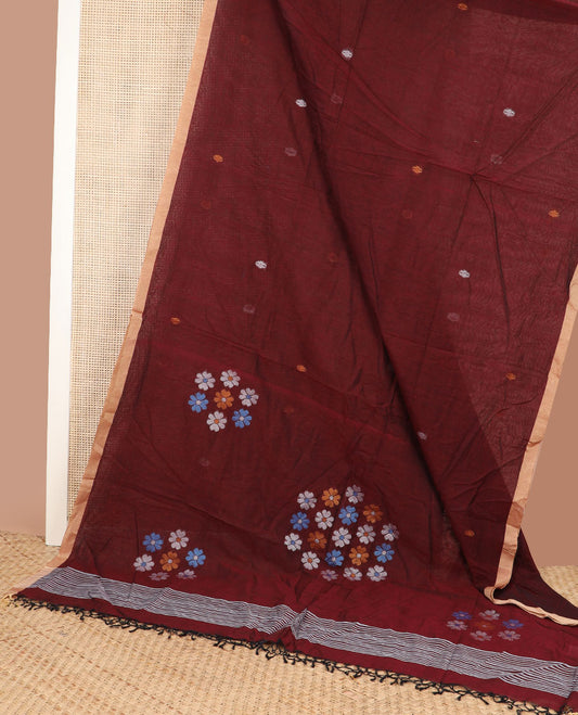 Maroon meena thread buttas Kadhi cotton saree, contrast piping border & pallu of 4-petal floral motifs & stripes