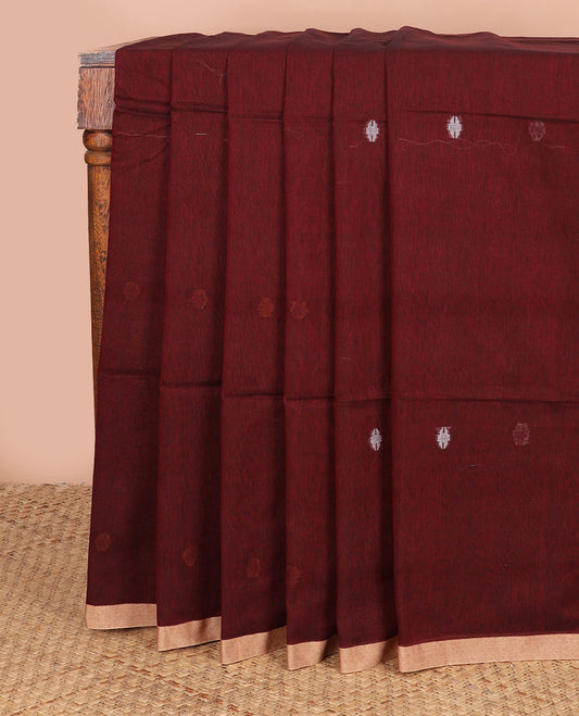 Maroon meena thread buttas Kadhi cotton saree, contrast piping border & pallu of 4-petal floral motifs & stripes
