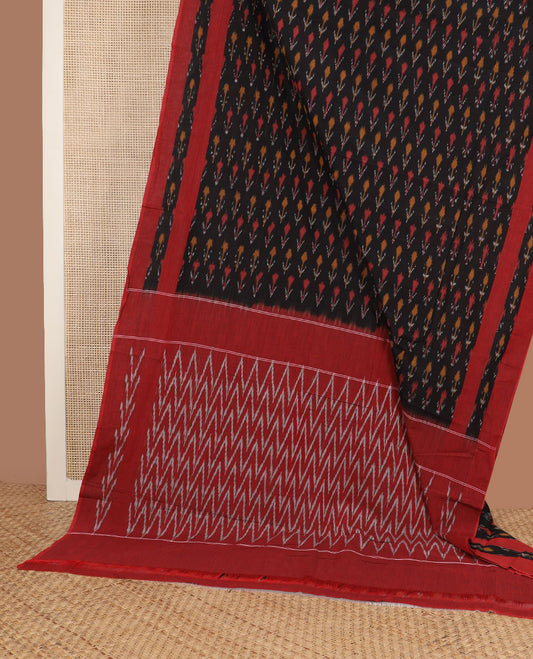 Black buttas ikkat cotton saree, contrast ikkat border & pallu of chevron design