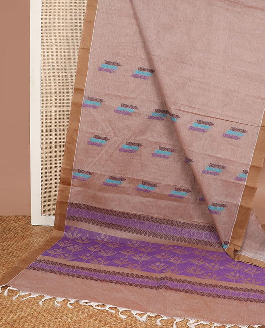 Brown motifs kanchi cotton saree with contrast border & floral design pallu