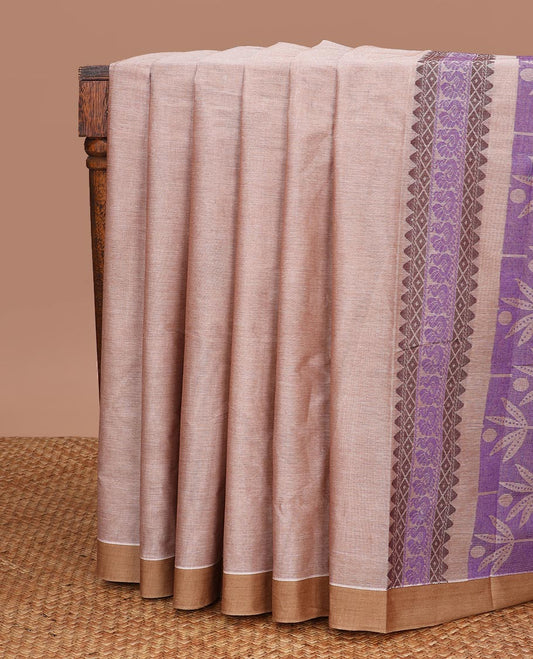 Brown motifs kanchi cotton saree with contrast border & floral design pallu