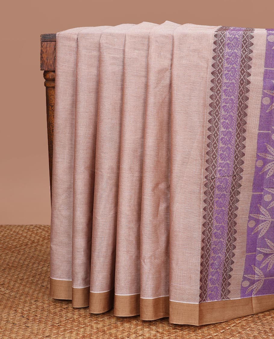 Brown motifs kanchi cotton saree with contrast border & floral design pallu