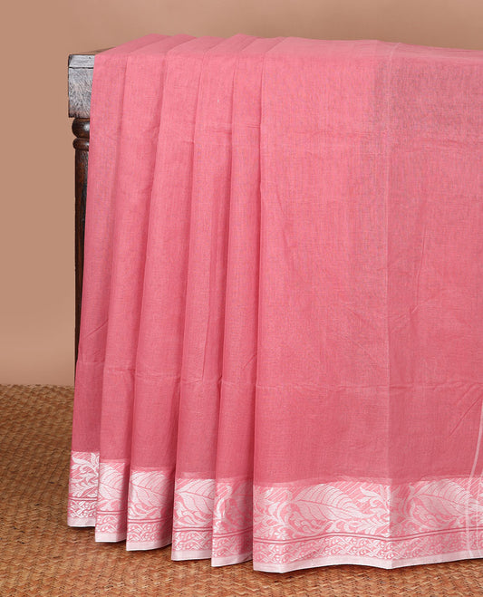 Pink bengal cotton saree with contrast floral design border & striped pallu