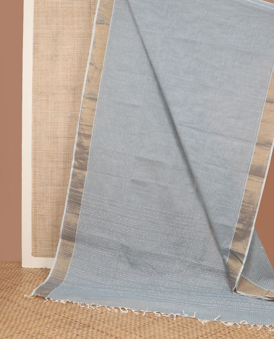 Grey striped jute cotton saree, gleaming zari border & striped pallu
