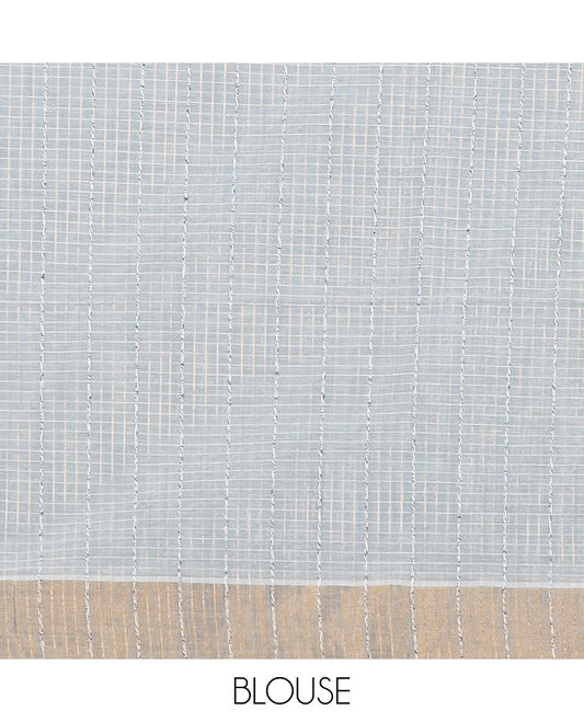 Grey striped jute cotton saree, gleaming zari border & striped pallu