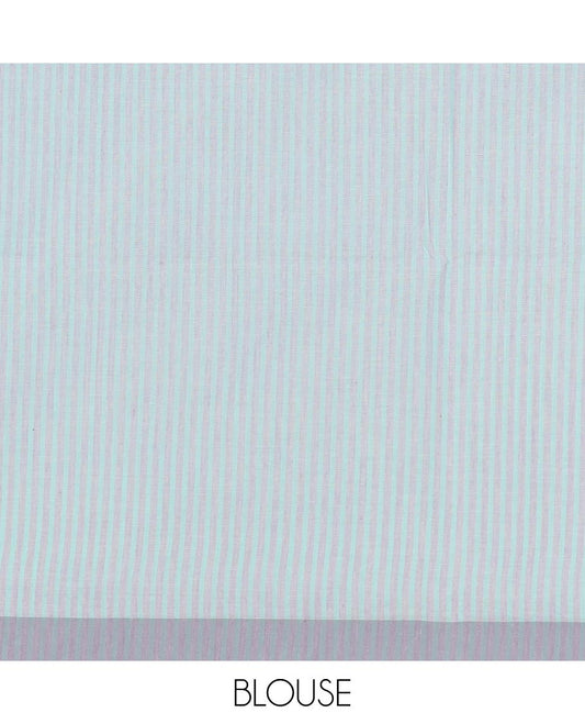 Pale blue vertically striped jute cotton saree, contrast border, and striped pallu