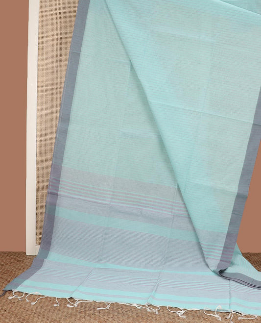 Pale blue vertically striped jute cotton saree, contrast border, and striped pallu