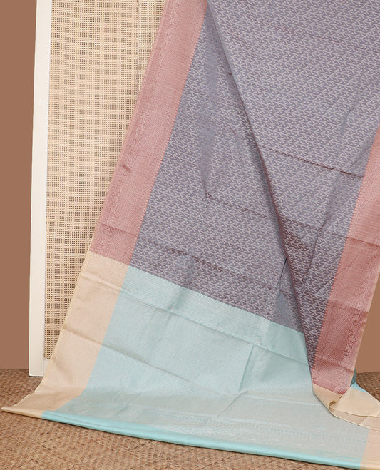 Grey zari vine jacquard semi-silk cotton saree, contrast traditional zari border & ogee patterned pallu