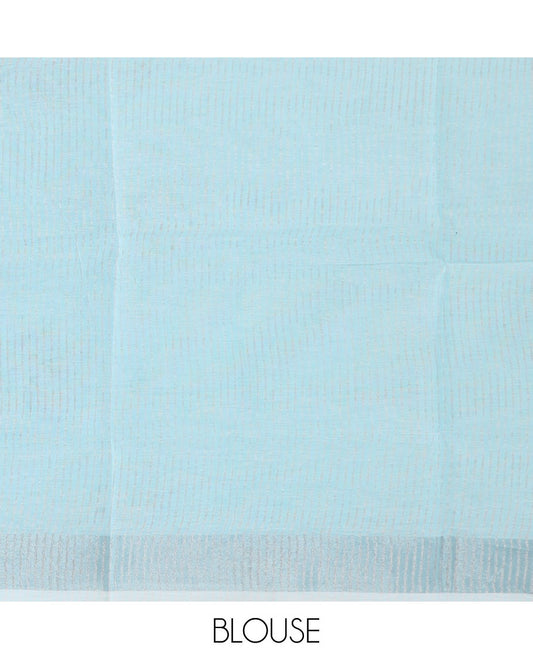 Baby blue spiral buttas printed cotton saree, zari border and striped pallu