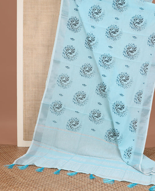 Baby blue spiral buttas printed cotton saree, zari border and striped pallu