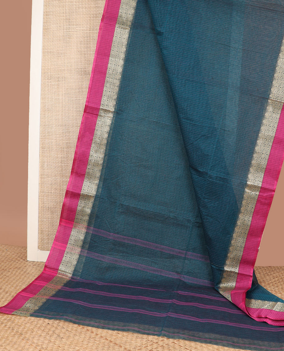 Peacock blue striped Bengal cotton saree, contrast intricate design border, and striped pallu