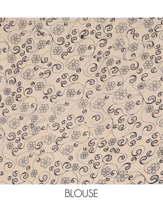 Green floral vine machine printed kalamkari cotton saree, contrast paisley printed border, and pallu of peacock print