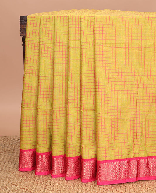 Yellow micro checked chirala cotton saree, contrast traditional zari border, and zari design pallu