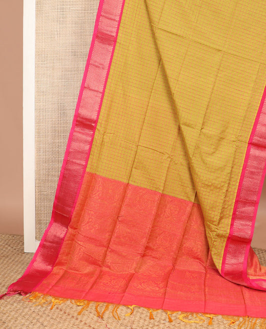 Yellow micro checked chirala cotton saree, contrast traditional zari border, and zari design pallu