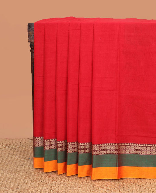 Red plain Narayanapet cotton saree, contrast rudraksham and temple motifs thread woven border, and striped pallu