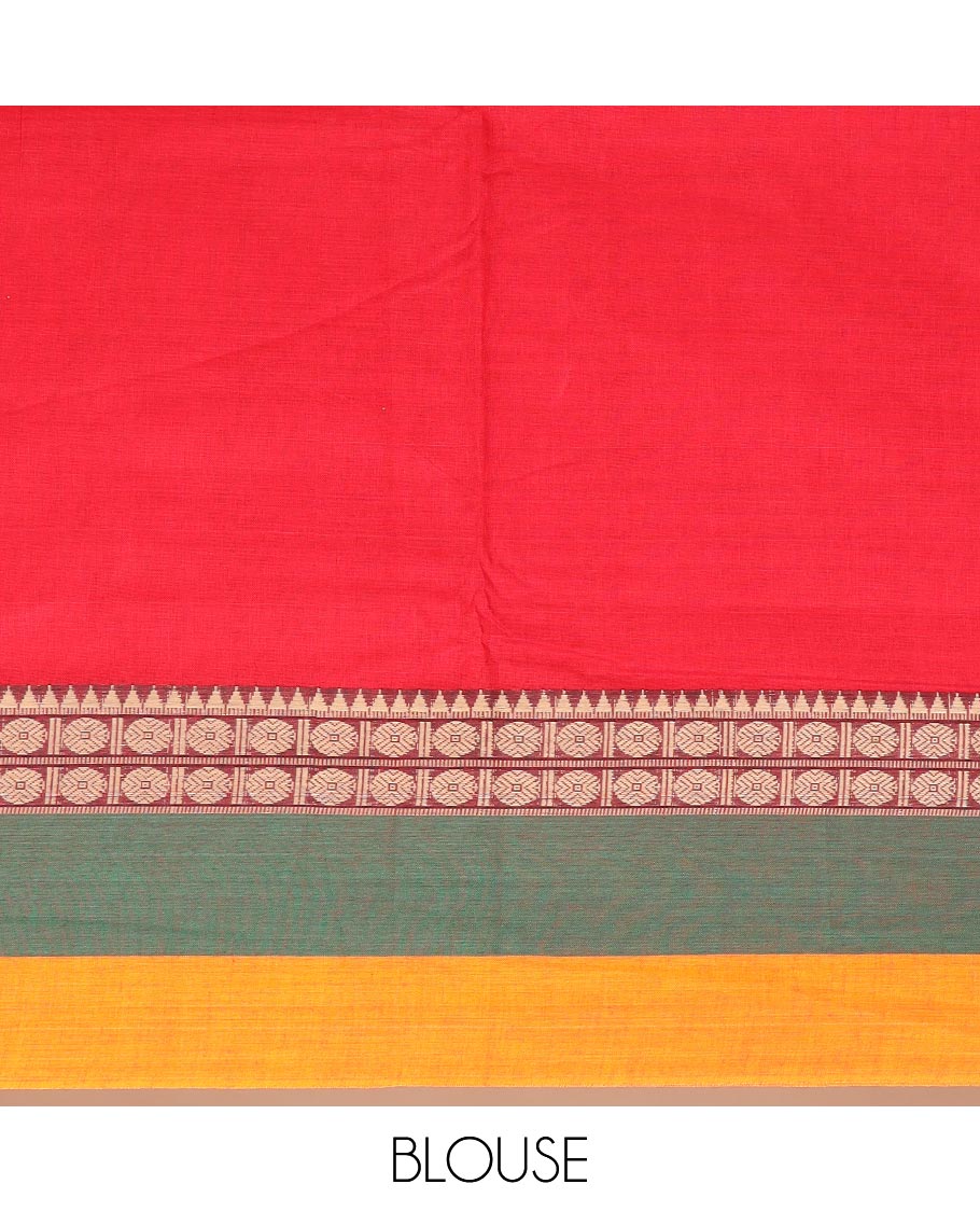 Red plain Narayanapet cotton saree, contrast rudraksham and temple motifs thread woven border, and striped pallu