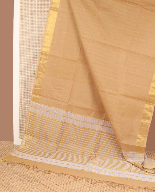 Sandal striped jute cotton saree, bavanji border, and striped pallu