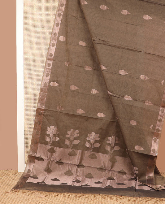Brown thilakam zari buttas Coimbatore Cotton saree, zari border, and pallu of floral, and thilakam designs