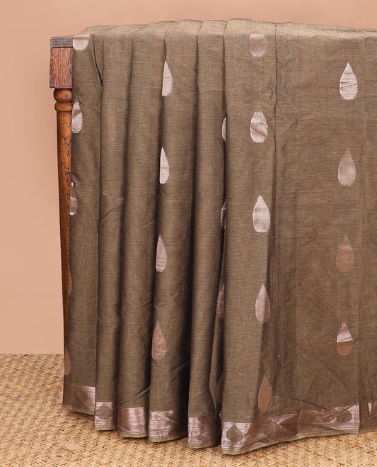 Brown thilakam zari buttas Coimbatore Cotton saree, zari border, and pallu of floral, and thilakam designs