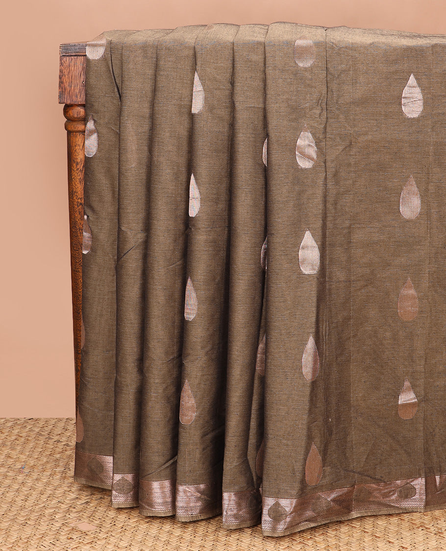 Brown thilakam zari buttas Coimbatore Cotton saree, zari border, and pallu of floral, and thilakam designs