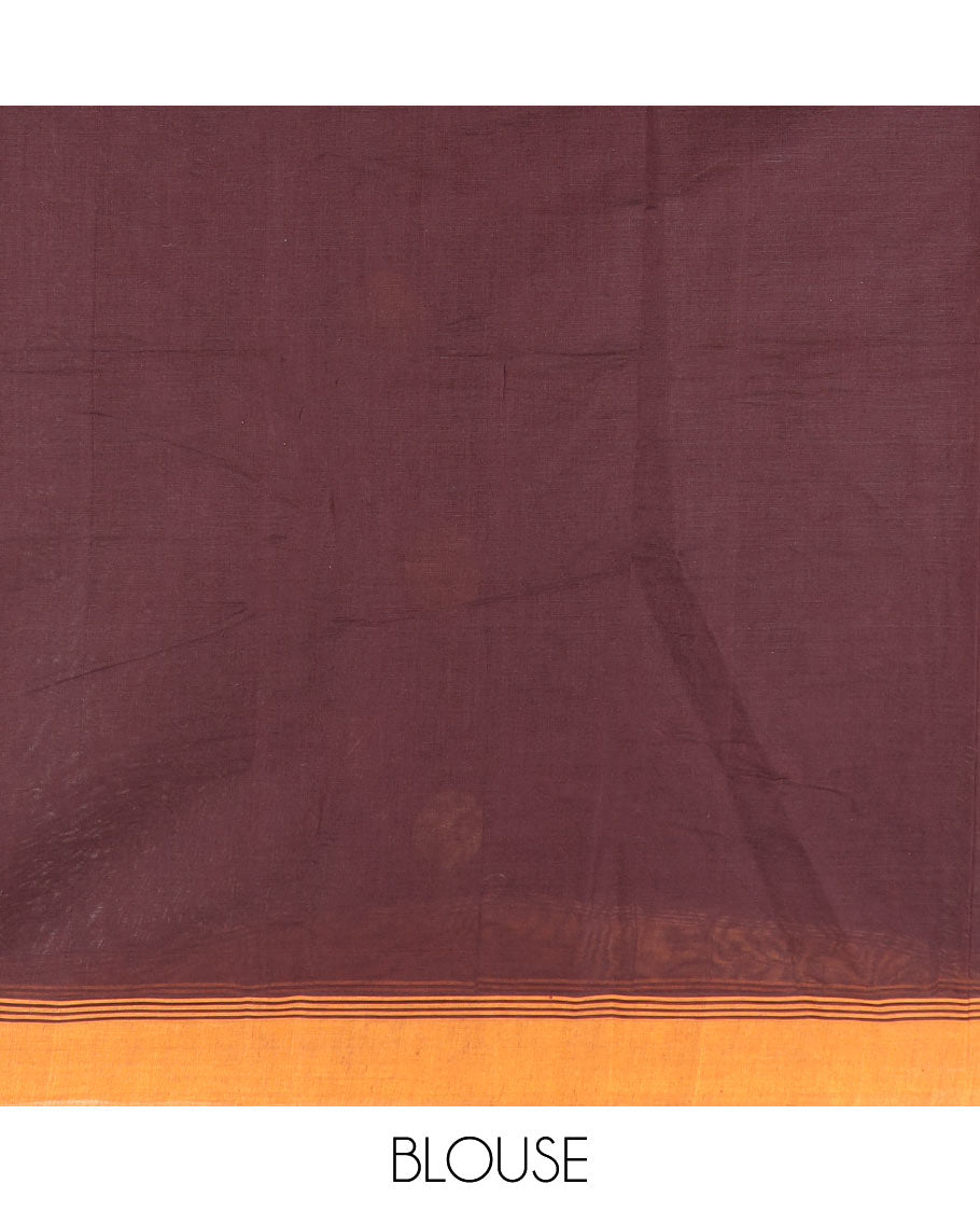 Brown polka dot buttas kanchi cotton saree, contrast border, and chakram design pallu