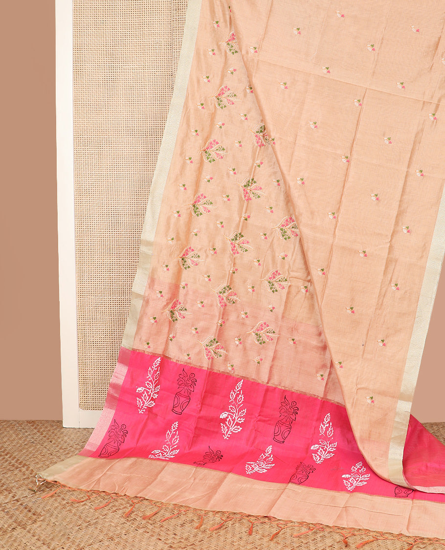 Sandal floral embroidered chirala cotton saree, plain border, and contrast block printed pallu