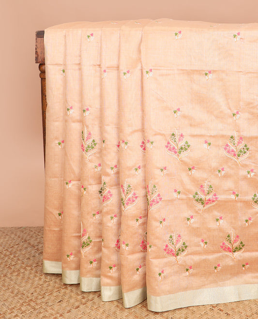 Sandal floral embroidered chirala cotton saree, plain border, and contrast block printed pallu