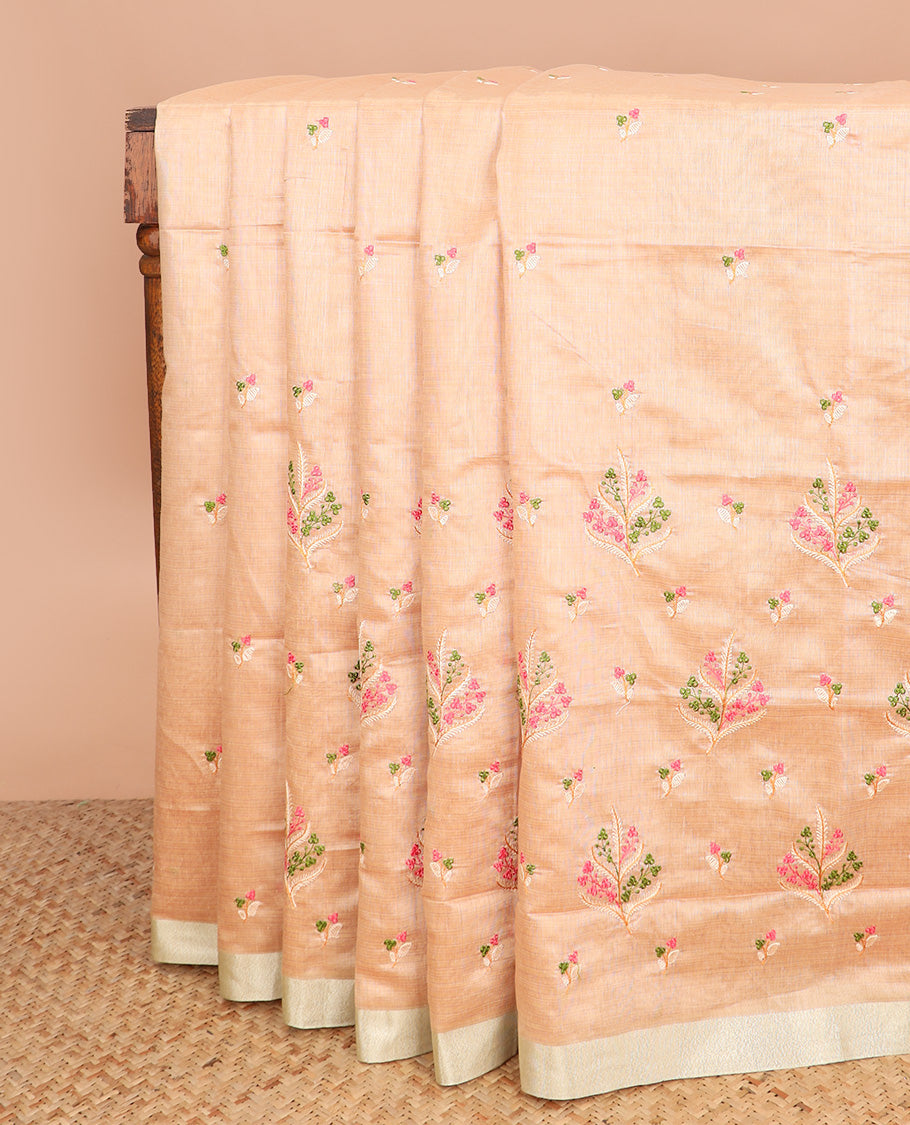 Sandal floral embroidered chirala cotton saree, plain border, and contrast block printed pallu