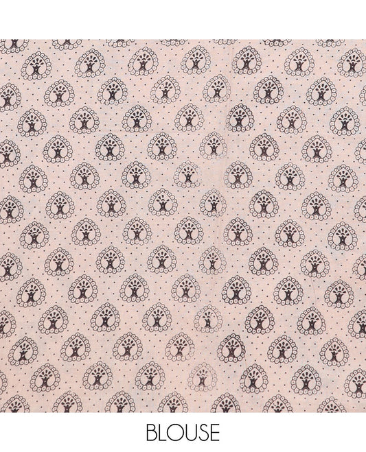 Cream round butta machine-printed kalamkari cotton saree, contrast geometric printed border, and pallu of kalamkari peacocks