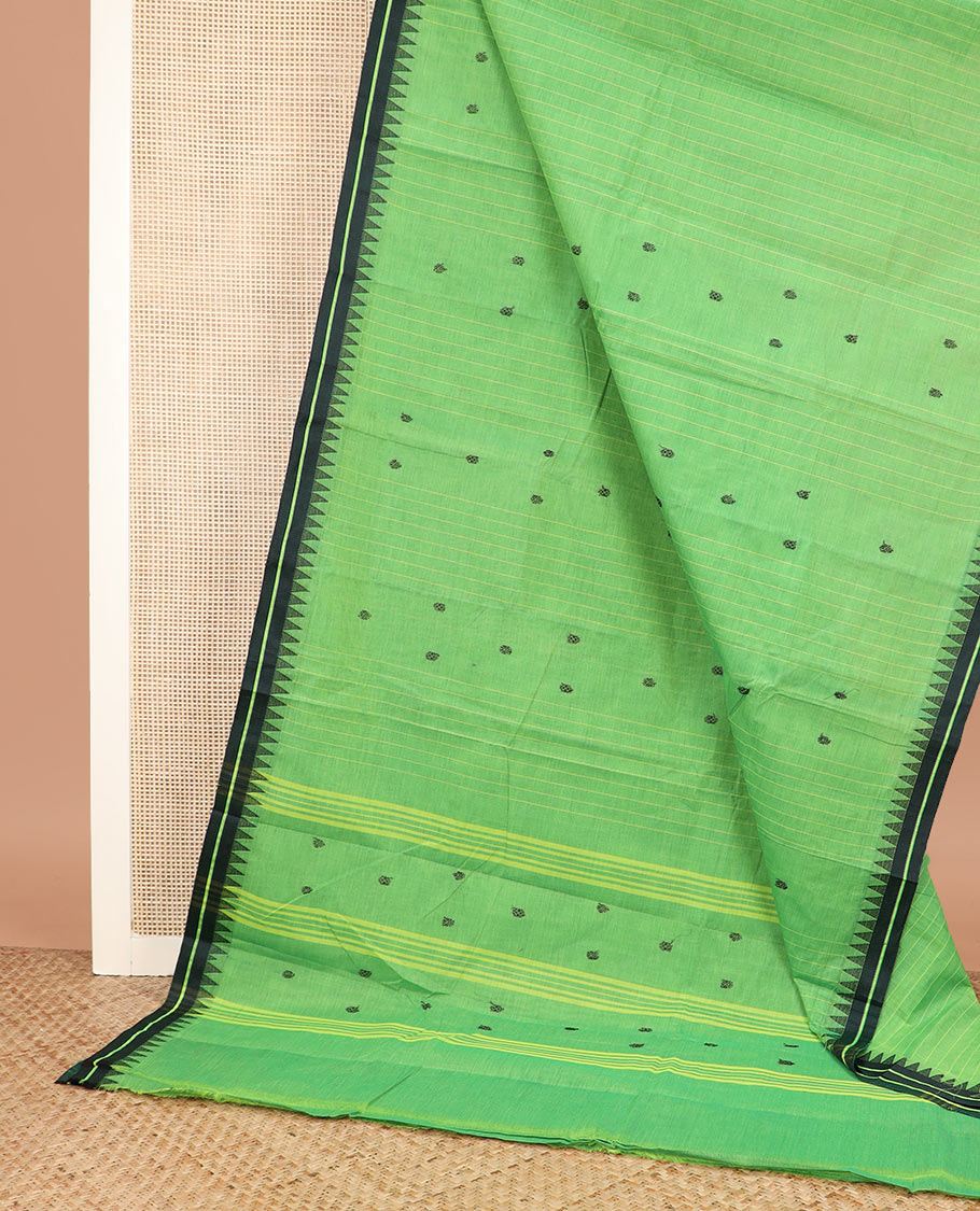Green striped and thread buttas Chettinad cotton saree, contrast temple border, and striped pallu