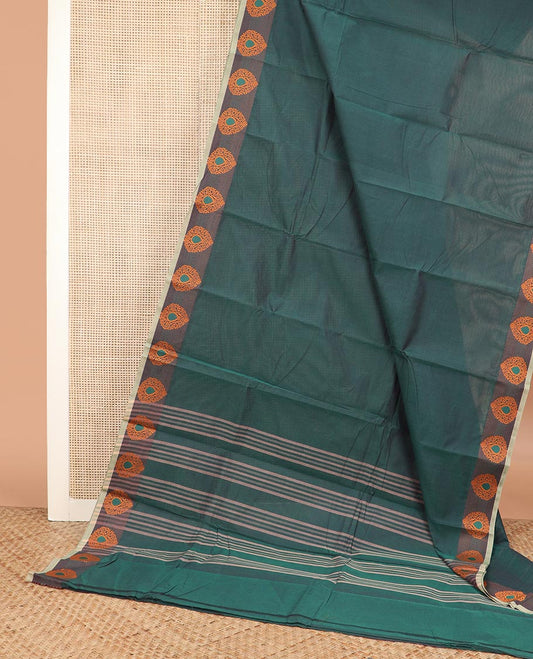 Green plain Chettinad cotton saree, thilakam motifs border, and striped pallu