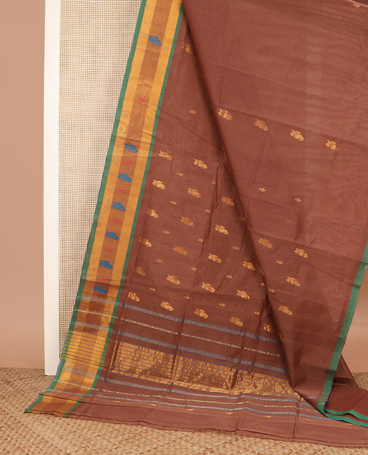 Brown zari buttas Venkatagiri cotton saree, contrast zari and thread work border, and zari striped pallu