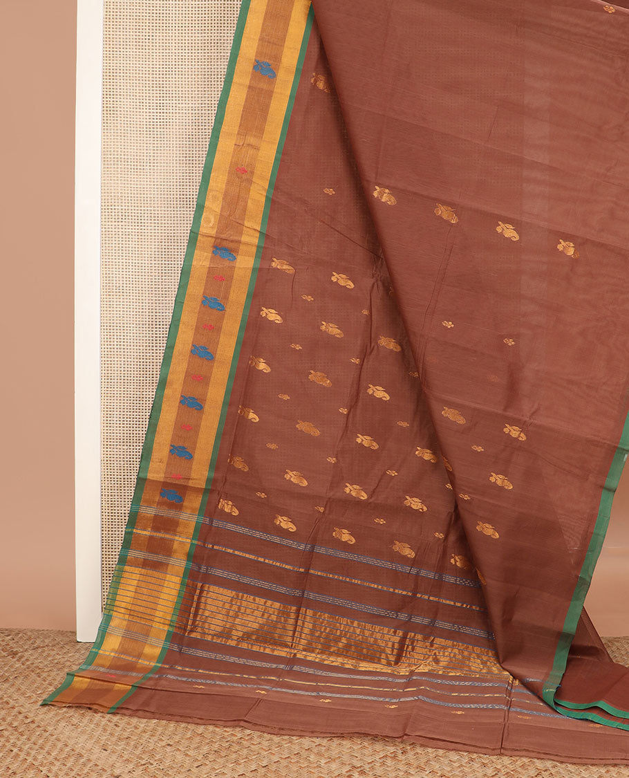 Brown zari buttas Venkatagiri cotton saree, contrast zari and thread work border, and zari striped pallu