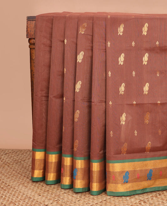 Brown zari buttas Venkatagiri cotton saree, contrast zari and thread work border, and zari striped pallu