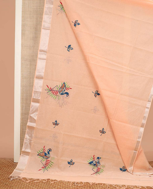 Pastel orange sparsely striped with flamingo patch and thread embroidered chirala cotton saree, temple zari border and pallu of flamingo patch and thread embroidery