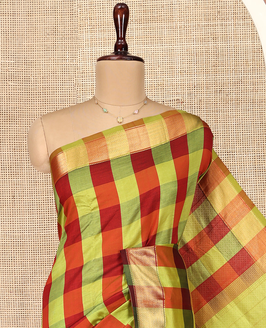 Multi-Color Checked Poly Cotton Saree, Highlighted by Traditional Zari Border, Zari Design Pallu, and Paired with a Matching Blouse