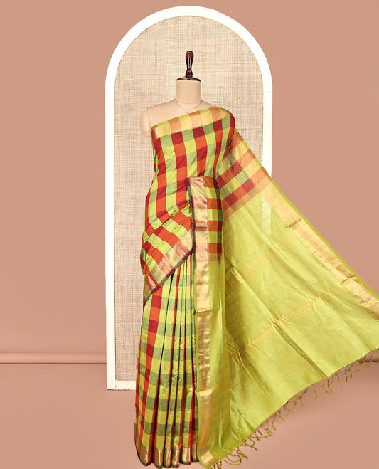 Multi-Color Checked Poly Cotton Saree, Highlighted by Traditional Zari Border, Zari Design Pallu, and Paired with a Matching Blouse