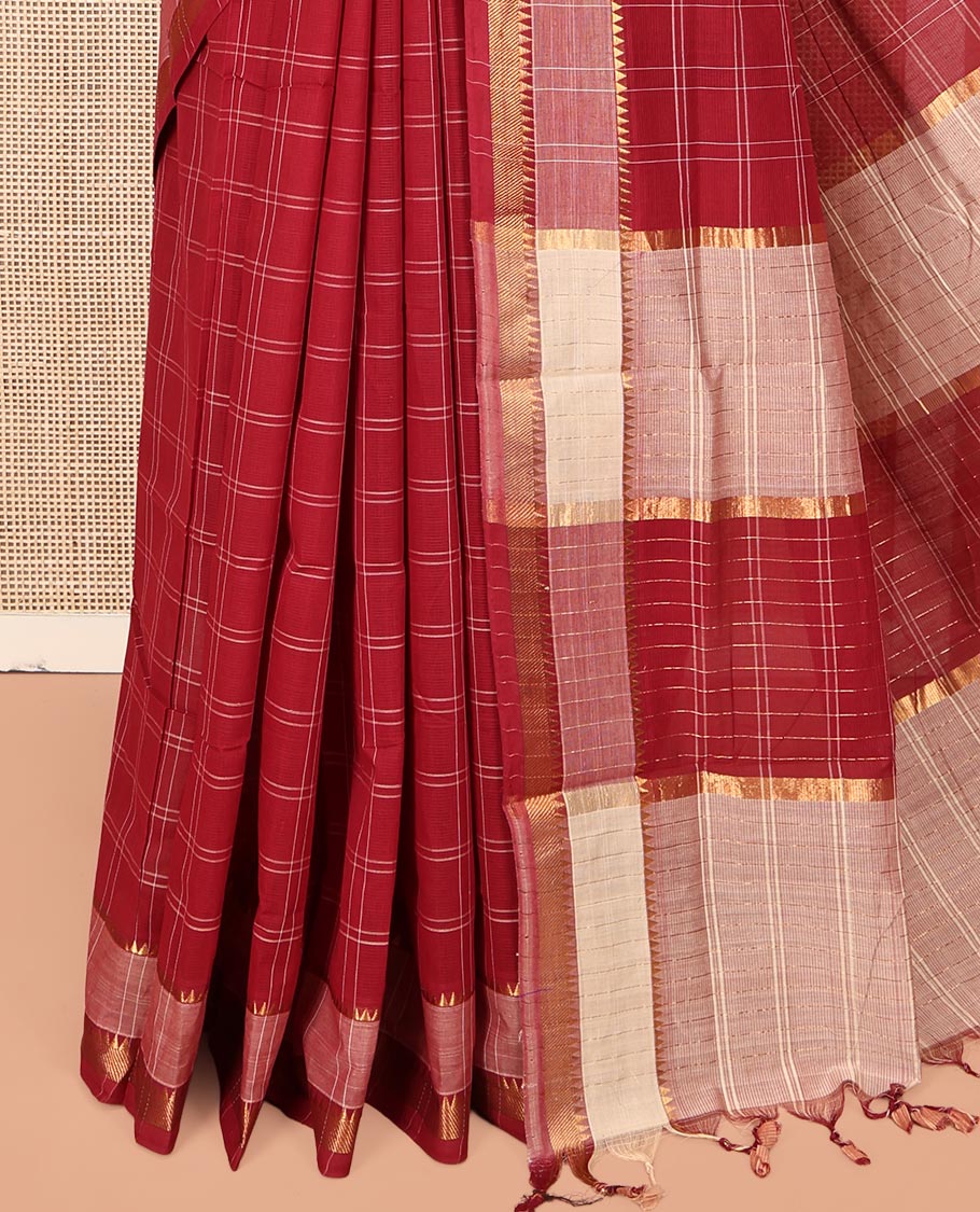 Red Mangalgiri Cotton Saree, Adorned with Checked Design on Its Body, Complemented by Contrast Temple Border, Zari Striped Pallu, and Paired with Contrast Blouse