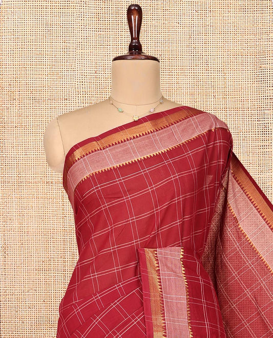 Red Mangalgiri Cotton Saree, Adorned with Checked Design on Its Body, Complemented by Contrast Temple Border, Zari Striped Pallu, and Paired with Contrast Blouse
