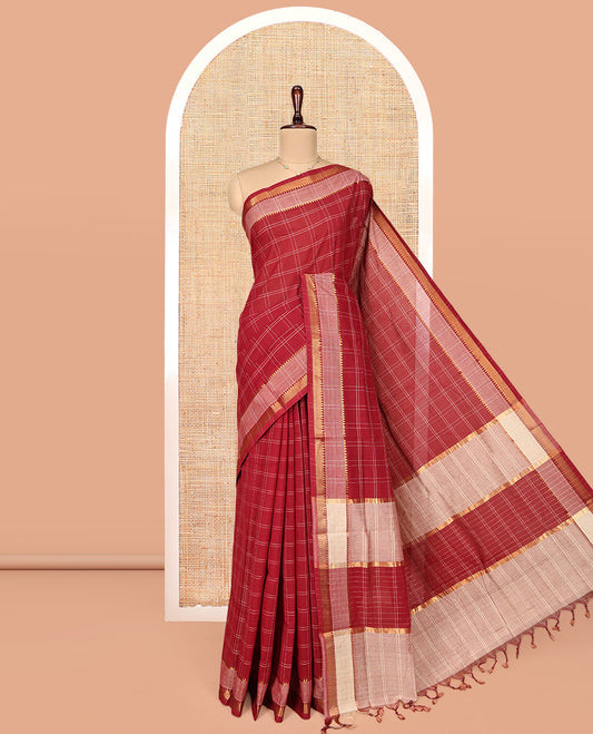 Red Mangalgiri Cotton Saree, Adorned with Checked Design on Its Body, Complemented by Contrast Temple Border, Zari Striped Pallu, and Paired with Contrast Blouse